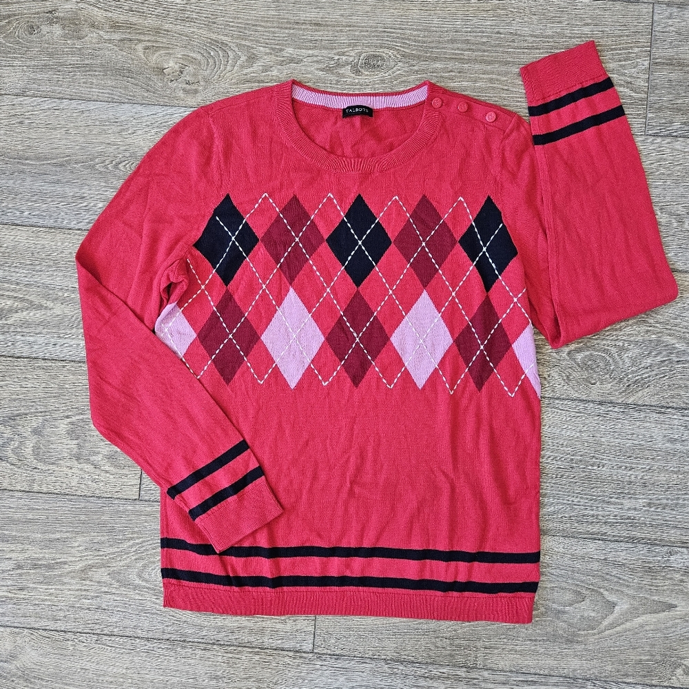 Talbots Cherry Red Argyle Pattern Lightweight Kni… - image 2